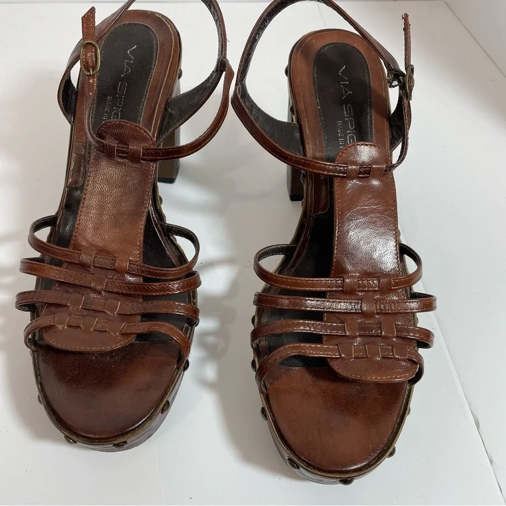 Vintage Via Spiga Platform Chunky Sandals Size 7.5 Brown Leather Studs Boho Y2k